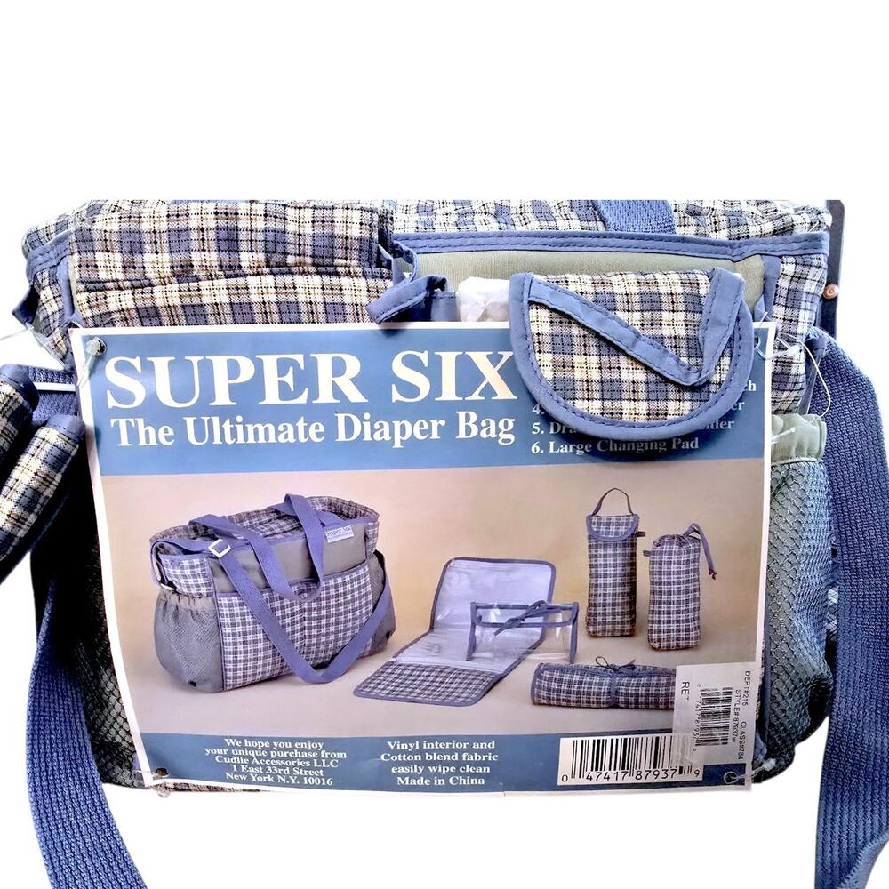 VTG Super Six Ultimate Diaper Bag Cudlie Accessories 2000 Plaid Blue Beige Y2K
